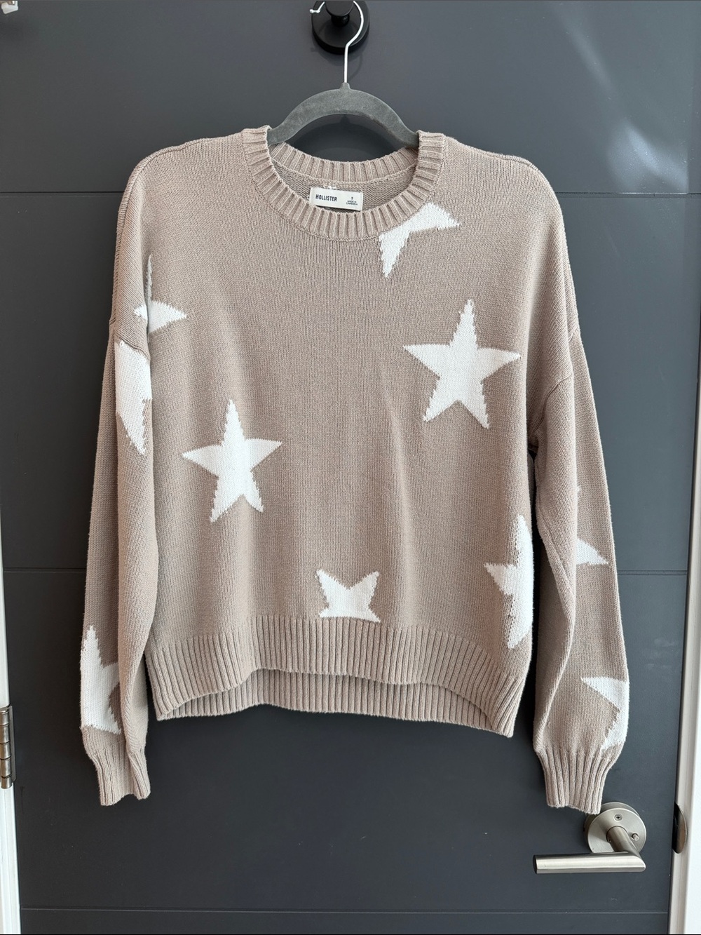Hollister Taupe Crewneck Sweater with White Star Pattern